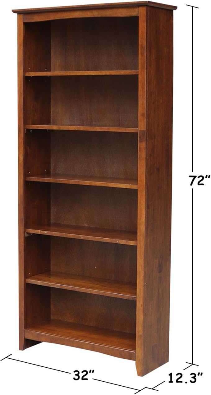 International Concepts, 72" High Bookcase With Adjustable Shelves, Solid/ Sturdy Parawood Construction, Durable Furniture, Eco-Friendly, Espresso