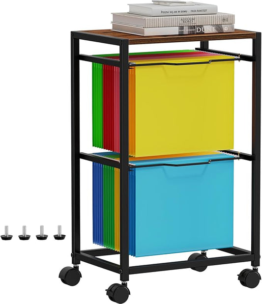 Snughome Rolling File Cart with Wheels - Hanging Files for Letter Size, 2-Tier Metal Movable Cart with Pull-Out Filing Holder