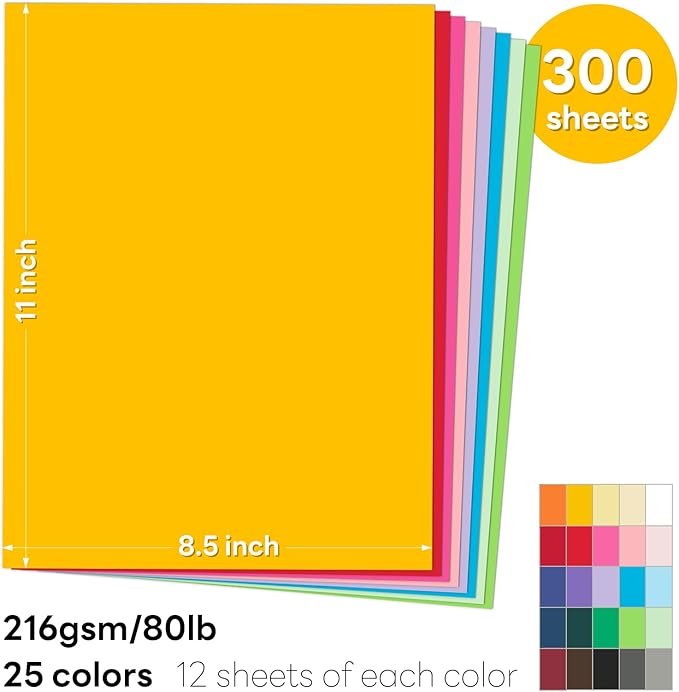 300 Sheets Colored Cardstock Thick Colored paper, Goefun 25 Colors 80lb Construction Paper Assorted Color for Crafts & Printing