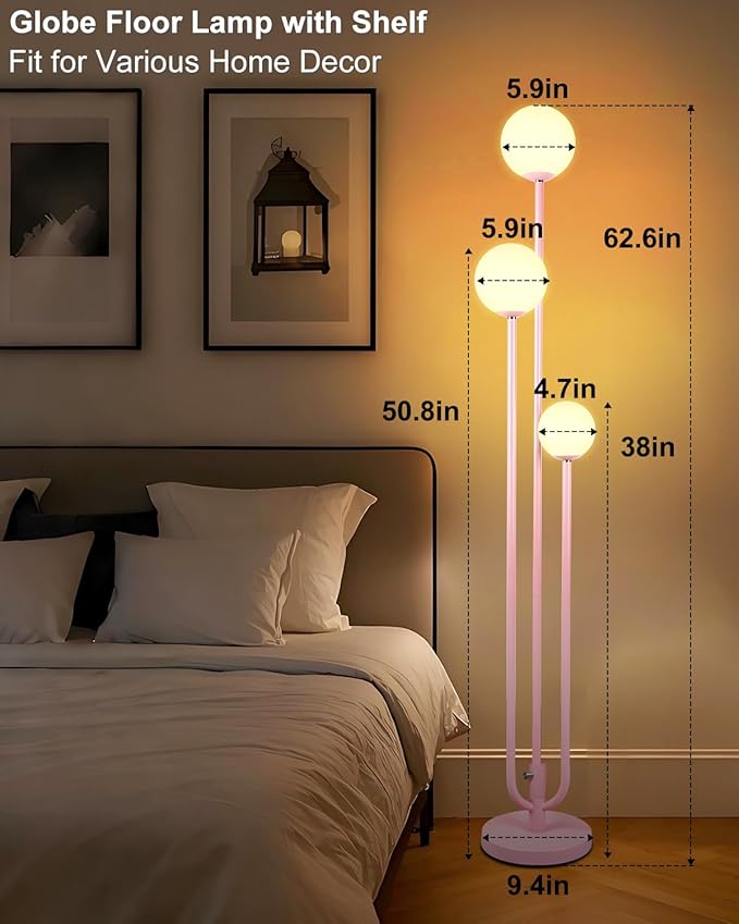 Lightdot 63IN Pink Floor Lamp Mid Century Modern Floor Lamp with 3 Globe 3000K Bulbs Included, 3 Lights U-Style Standing Lamp for Wedding Party/Living Room/Bedroom/Sofa Beside/Corner Decor