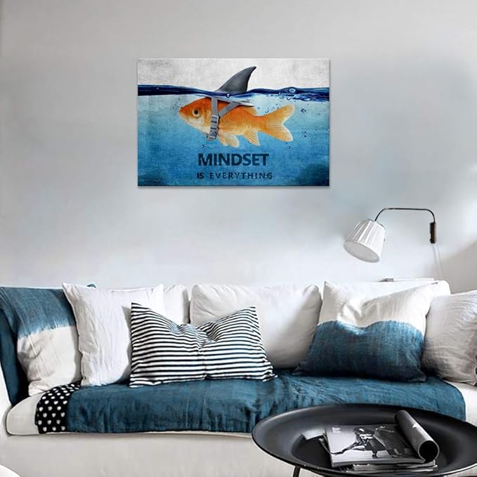 Inspirational Wall Art Goldfish Shark Pictures Blue and Grey Canvas Painting Motivational Quote Mindset Posters HD Prints Artwork Office Decor for Living Room Bedroom Framed (16”Hx12”W)
