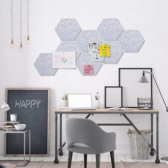 Felt Hexagon Bulletin Board with 20 Push Pins, Pack of 8 Notice Boards for Home Office Kitchen, Push Pin Board Felt Wall Tiles for Photos Memos