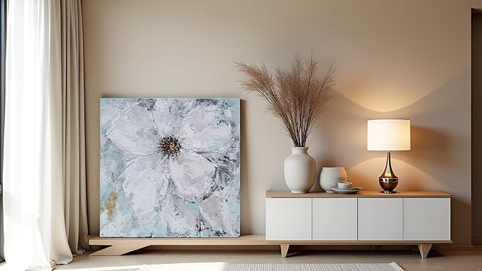 Yihui Arts White Flower Painting - Hand Painted Grey Floral Canvas Wall Art for Home Decor