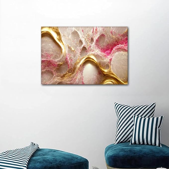 Canvas Wall Art for Living Room Decor Modern Abstract Artwork 1 Panel Canvas Art Gold and Pink Poster Prints on Canvas for Lady Bedroom Home Wall Decor Stretched and Framed Ready to Hang 36x24 in