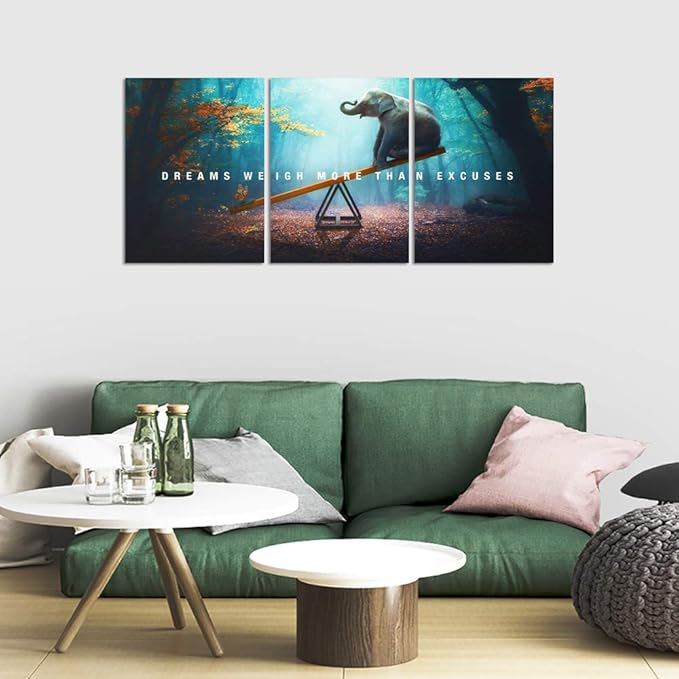 Unbruvo Elephant Wall Art for Office, Motivational Inspirational Canvas Wall Art, 3 Pieces Elephant Painting Prints Wall Decor for Living Room Bedroom Classroom Dorm(60”Wx28”H)