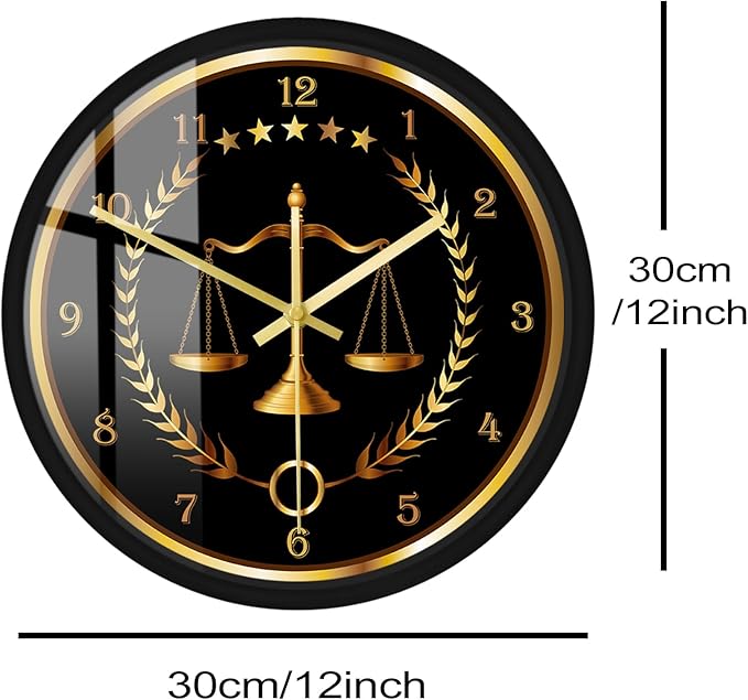 Scale of Justice Metal Frame Round Clock, Battery Operated Quartz Non Ticking Judge Law Black Aluminum Frame Wall Clock for Lawyer Office Decor Law Firm Office School Living Room Wall Art