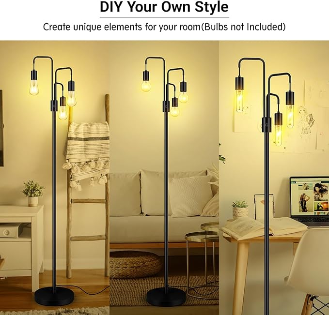 BoostArea Industrial Floor Lamp for Living Room,Modern Standing Lamp Stand Up Lamp with 3 Light, Bulbs Not Included,Simple Design Floor Lamp for Bedroom, Living Room, Office, Kids Room, Reading