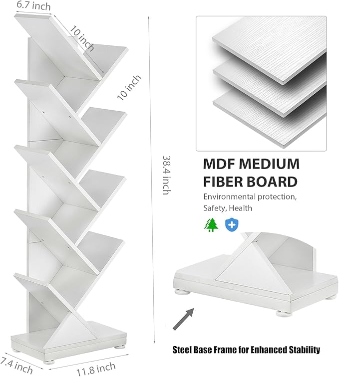 ruboka Tree Bookshelf,Retro Floor Standing Bookcase Display for CDs/Magazine/Books,Small Bookshelf for Bedroom,Living Room,Office,Balcony,Brown Storage Shelves (White, 9 Tier)