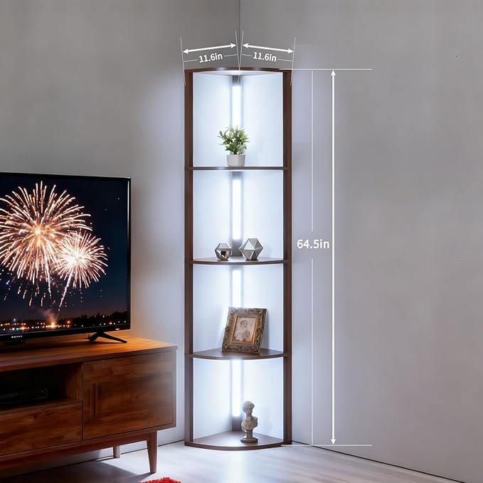 RGBCW Floor Lamp with Shelves, Smart Modern Floor Lamp with Music Sync, LED Color Changing Corner Display Shelf Lamp, Tall Lamps for Living Room and Bedroom, Bookshelf Lamp, Brown