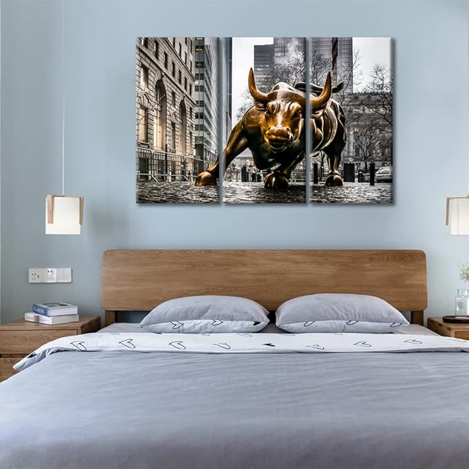 TUMOVO Canvas Prints Wall Art Modern Wall Street Bull Wall Decor 3 Pieces Family Decoration Gallery Canvas Wrap Giclee Print Stretched and Framed Posters and Prints Ready to Hang - 36" Wx24 H