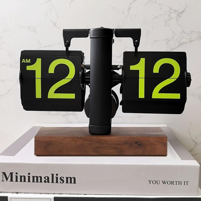FOSA Flip Desk Clock, Retro Vintage Flip Desk Table Clock, Digital Sided Large Numbers Mechanical Flip Clock Wood Base for Living Room, Study Room and Office（Frosted Black）