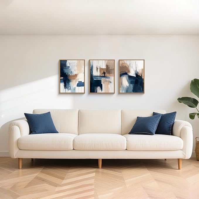 Abstract Brush Stroke Framed Canvas Wall Art,Modern Pastel Wall Decor,Neutral Navy Blue Art Prints, Minimalist Watercolor Brown Artwork for Living Room,Bedroom,Dining Room-12"x16"x3