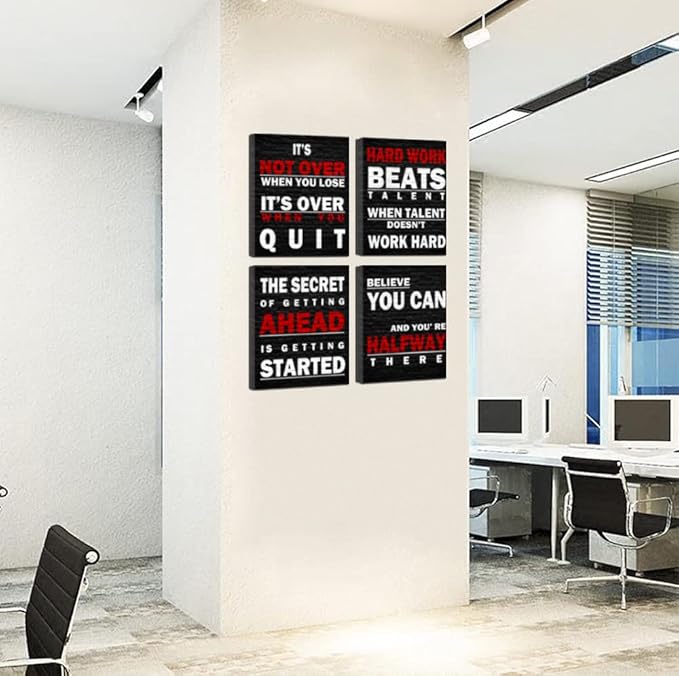 Inspirational Office Wall Art Décor Black and White Canvas Art Print Motivational Quotes Posters for Home Gymnasium, Fitness Center Wall Decor-Work Hard Beats Talent-Believe You Can-It's Not Over When