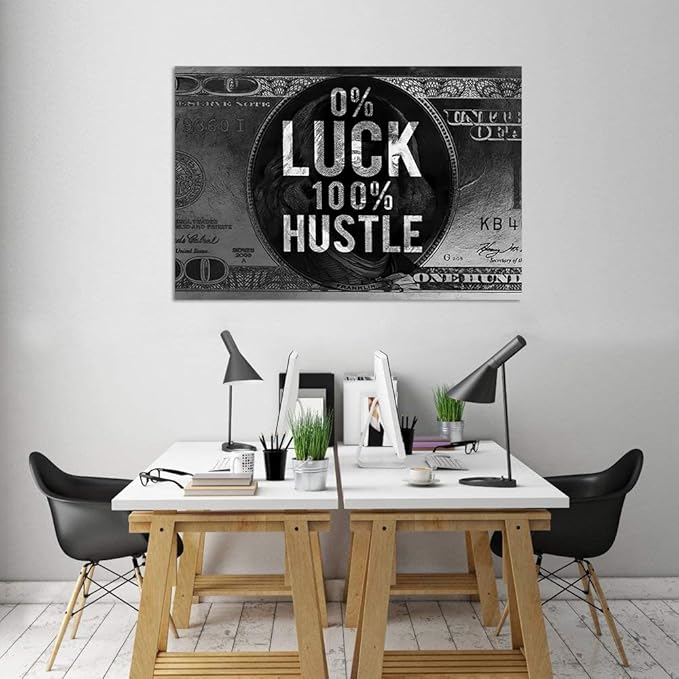 Yatsen Bridge Motivational Modern Home Decor 0% Luck 100% Hustle Canvas Wall Art Black and White Inspiring Office Artwork for Classroom Study Room Decor Farmed Easy to Hang, 44" Wx28 H