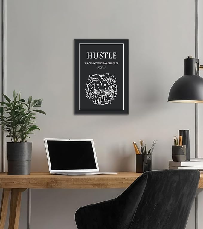 Inspirational Hustle Wall Art - Lion Head withEncouraging Quotes Canvas Print Motivational Wall Decor, Black and White Office Picturtes Success Posters for Living Room Home Workplace, Framed 12"x16"