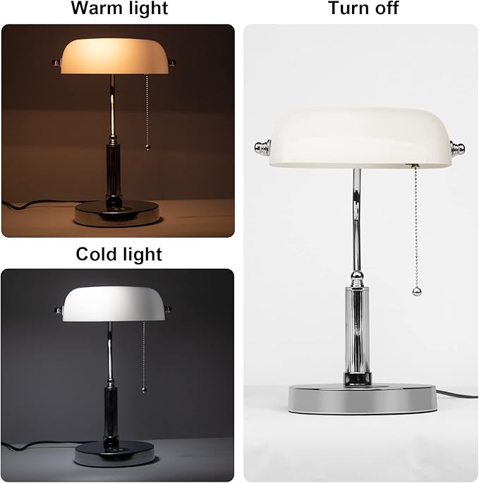 FIRVRE Bankers Lamp, White Glass Desk Lamp with Wireless Charger and 2USB Charging Port,Pull Chain Switch Lamp with Metal Base,Modern Reading Table lamp for Home Office, Piano, Library