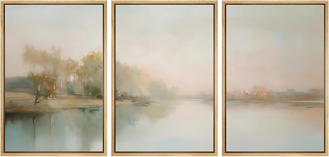 MUDECOR Framed Wall Art Print Set Soft Pastel Landscape Serene Waters and Reflections Illustrations Modern Art Boho Decorative Colorful Chic for Living Room, Bedroom, Office - 24"x36"x3 Natural