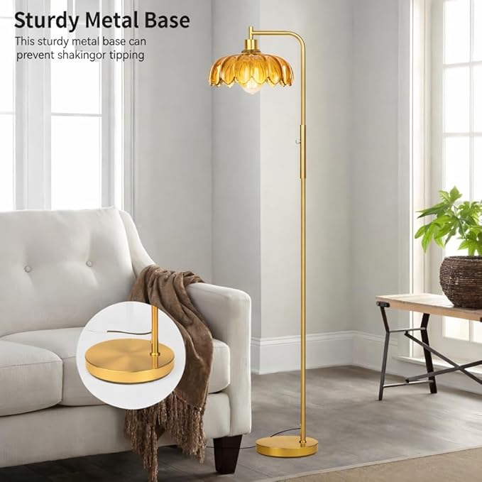 Glass Floor Lamp for Living Room, Dimmer Standing Lamp with Green Ribbed Lampshade,66” Tall Lamp & Gold Floor Lamp for Bedroom Study Room,Brushed Gold (Flower Amber Glass Shade)