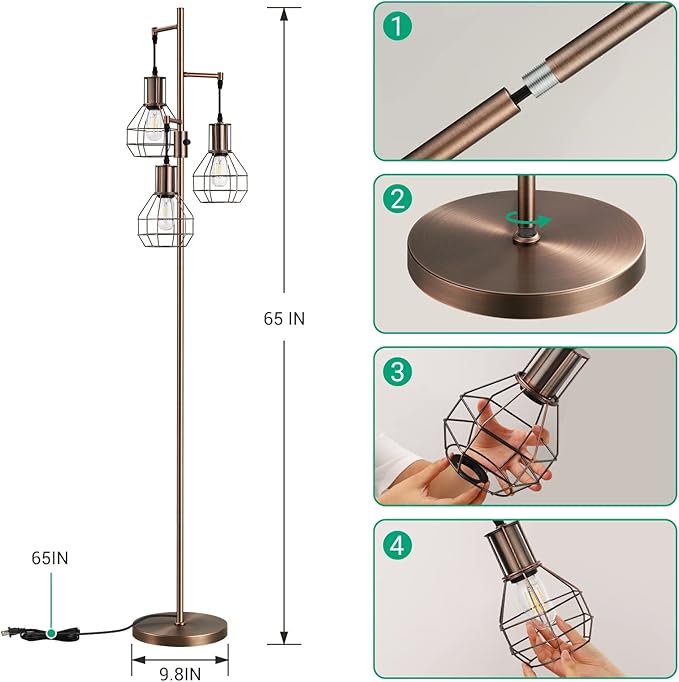 EDISHINE Dimmable Industrial Floor Lamp, Farmhouse Standing Lamp for Living Room, Bedroom, 3 LED Edsion Bulbs Included, Rotary Switch, 65in Rustic Tree Reading Lamps for Study Room, Office - Brown