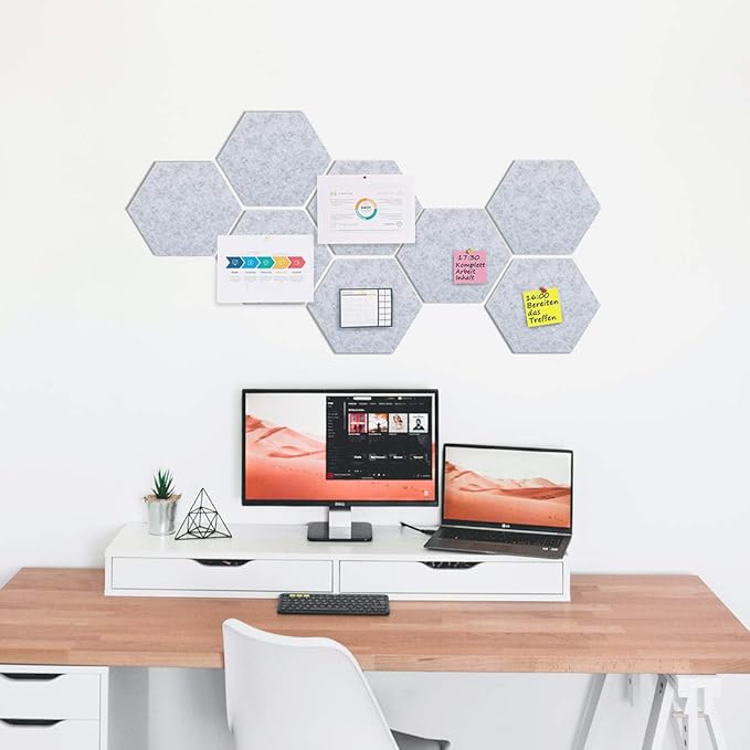 Felt Hexagon Bulletin Board with 20 Push Pins, Pack of 8 Notice Boards for Home Office Kitchen, Push Pin Board Felt Wall Tiles for Photos Memos