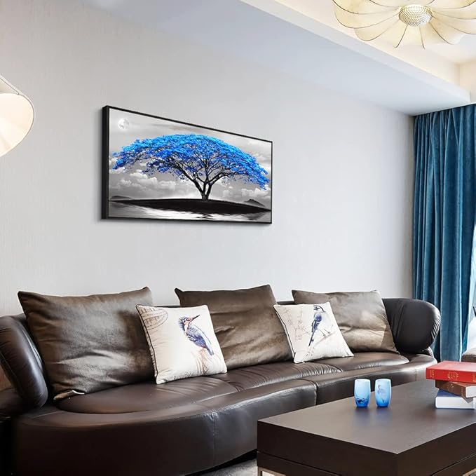 Framed Canvas Wall Art For Living Room Large Size Office Wall Decor Bedroom Decor Pictures Artwork Black And White Landscape Blue Tree Moon Wall Painting Home Decorations Black Frame 20" X 40"