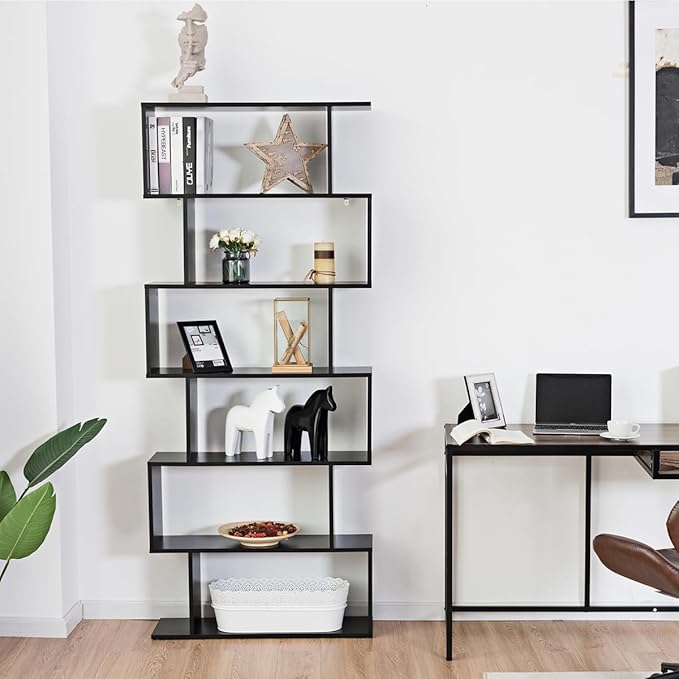 Tangkula 6-Tier Geometric Bookcase, Modern S-Shaped Storage Display Bookshelf for Living Room, Anti-Toppling Device, Home Office Wooden 6 Shelf Open Bookcase (1, Black)