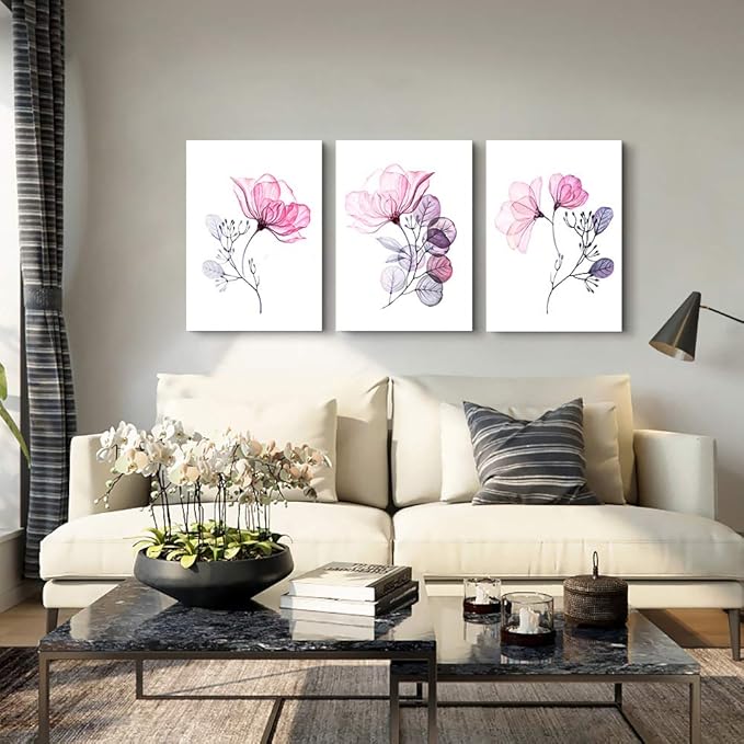 Modern pink flowers Canvas Wall Art for bedroom Living Room,Bathroom Wall Decor,3 Panels Wall Painting Home Decoration kitchen Canvas Print Abstract watercolor flowers and leaves artwork wall mural