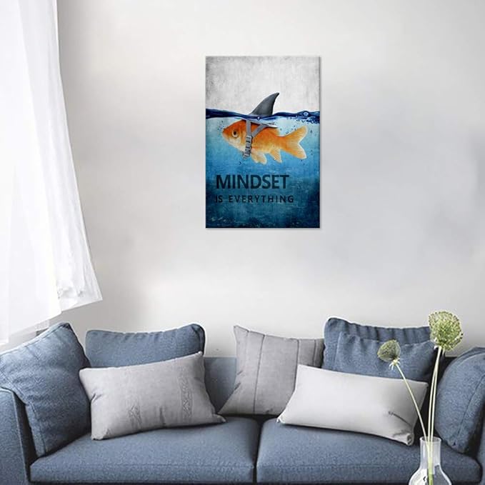 Goldfish Shark Canvas Wall Art Inspirational Entrepreneur Quotes Poster Mindset is Everything Motivational Painting Picture Print Artwork for Living room Bedroom Office Home Decor Framed (12" Wx16 H)