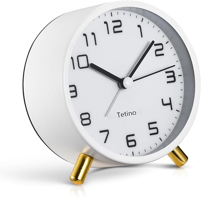 Analog Alarm Clocks,Retro Metal Desk Silent Non Ticking Small Clock with Night Light,Battery Operated,Simple Design,for Bedrooms, Bedside,Office,Home Décor (White)