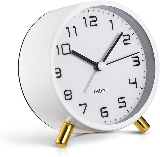 Analog Alarm Clocks,Retro Metal Desk Silent Non Ticking Small Clock with Night Light,Battery Operated,Simple Design,for Bedrooms, Bedside,Office,Home Décor (White)