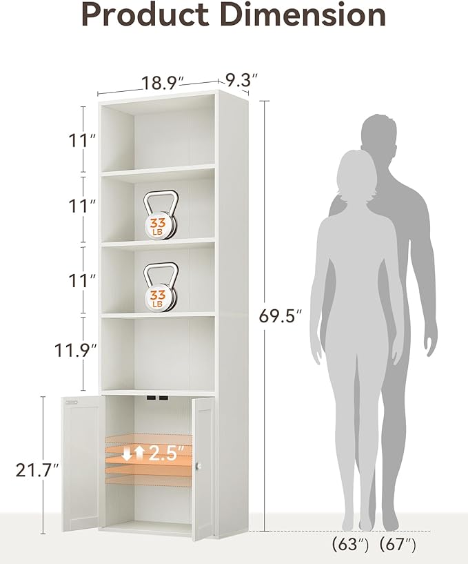 Casaottima Bookshelf and Bookcase with Doors, Floor Standing 6-Tier Shelf Display Storage Shelves, Tall Bookcases for Home Office, Living Room, White