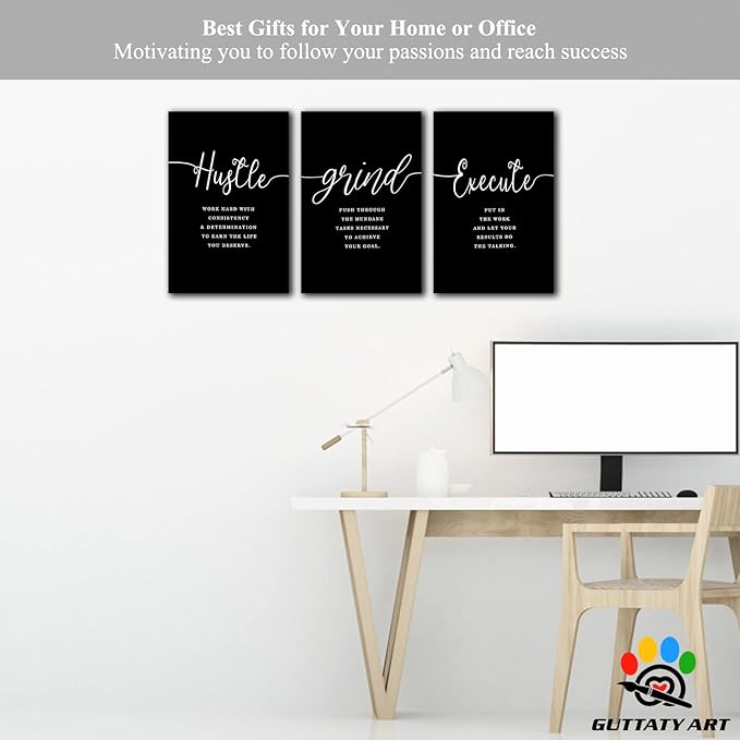 Office Wall Art - 3 Panel Motivational Canvas With Inspirational Quotes for Home Office Decor, Positive Entrepreneur Words Poster Frame for Company 12"x24"x3Pcs