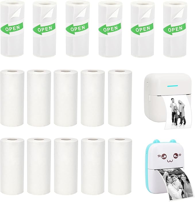 16 Rolls Mini Thermal Printer Paper, Including 6 Sticker Paper & 10 Plain Paper Rolls for Mini Portable Printers, 57X25 mm, Suitable for Various Inkless Sticker Printers