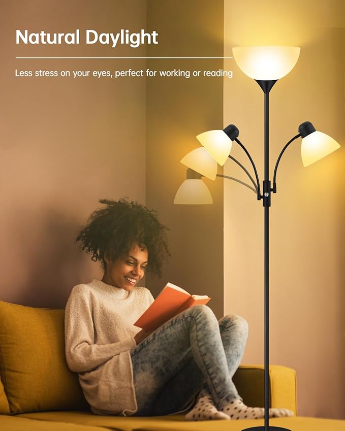 Floor Lamp, Torchiere Floor Lamps for Living Room, 71 Inch Tall Standing Lamp, Bedroom Lamps with Reading Light, Rotary Switch, 3 Plastic Lampshade, Torch Floor lamps for Bedroom (Black, No Bulb)