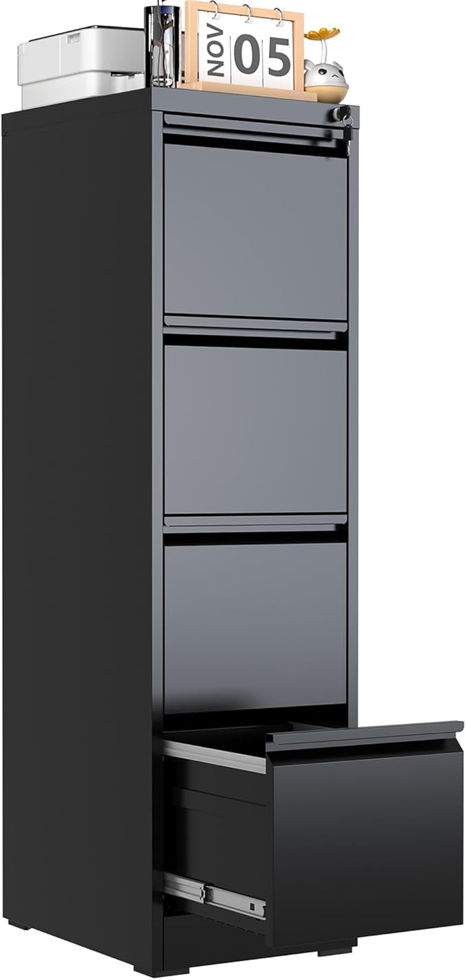 4 Drawer File Cabinet with Lock, Metal Filing Cabinet for Home Office, Vertical File Cabinet for Letter/Legal/A4/F4 Documents, Easy to Assemble Steel Storage Cabinet