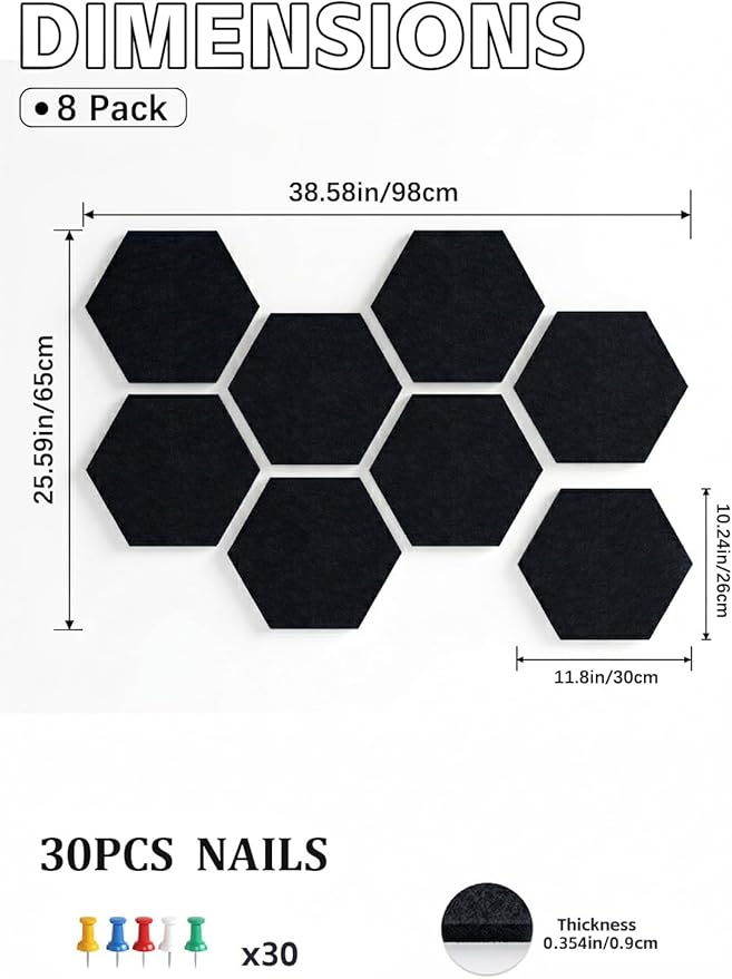 8 Pack Hexagon Felt Bulletin Board Tiles - 11.8" Large Thick Pin Board for Walls with 30 Push Pins, DIY Boards for Office Home School Decor, Aesthetic Hex Cork Board Alternative