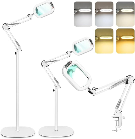 10X Rectangle Magnifying Glass with Light and stand, 5*3 Inch Real Glass 5 Color Modes Stepless Dimmable LED Floor Lamp, 3-in-1 Large Lighted Magnifier for Reading Painting Craft Close Work - White