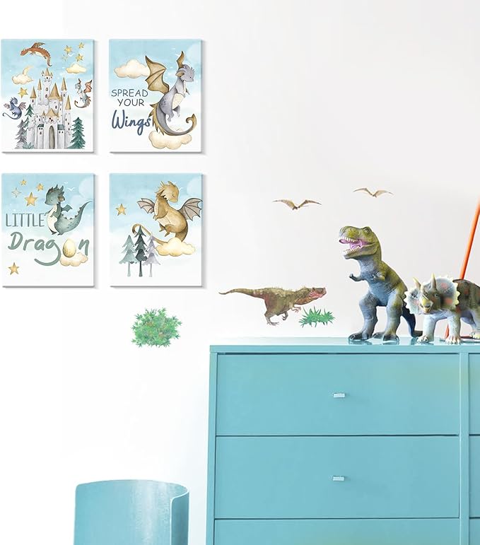 CHDITB Dinosaur Canvas Wall Art Nursery Wall Decor, Set of 6(8x10 inch) Cute Dream Dinosaur Cub Framed Art Prints, Baby Dinosaurs Cartoon Castle Animals Poster For Children's Boy Kids Room Bedroom