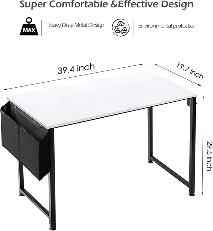 Lufeiya Computer Desk White Writing Table for Small Spaces Home Office 39 Inch Modern Study PC Desk with Storage Bag Hook, White Black