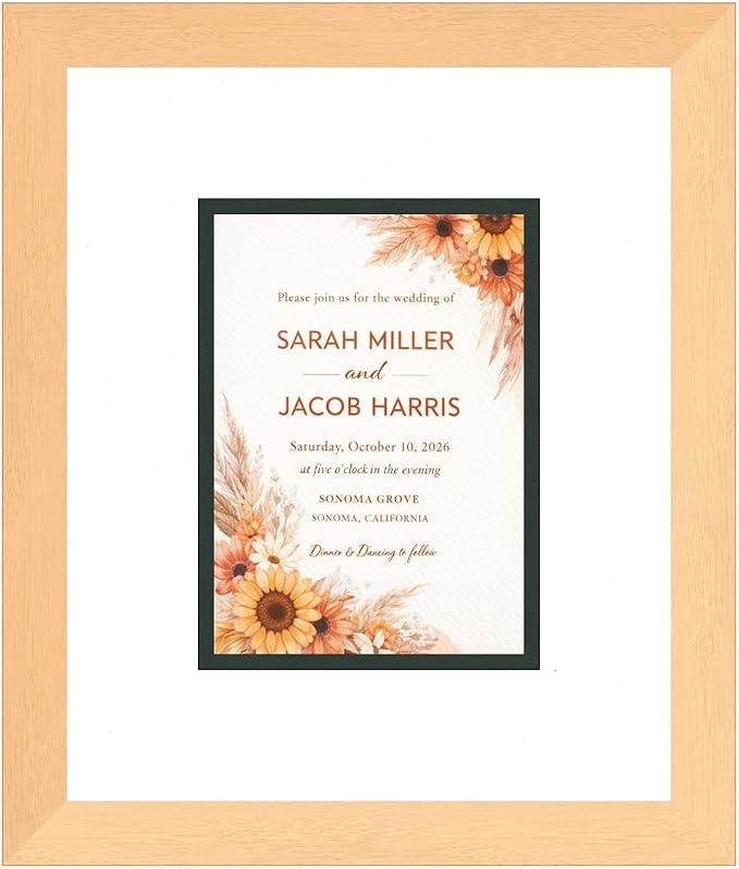 Poster Palooza Wedding Invitation Display Frame 11.25x13.25 in Natural With White and Black Double Mat for 5.5x7.5 Boutique Keepsake | USA Made