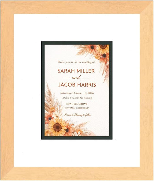 Poster Palooza Wedding Invitation Display Frame 11.25x13.25 in Natural With White and Black Double Mat for 5.5x7.5 Boutique Keepsake | USA Made