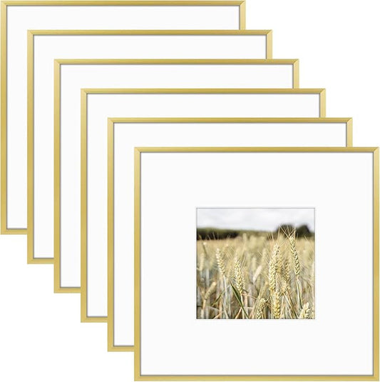 Golden State Art, Gallery Wall Frame Set of 6 - Gold 8x8 Aluminum Photo Frames with Mat for 4x4 Pictures - 8 x 8 inch Metal Frame with Real Glass Cover - Elegant Home or Office Decor