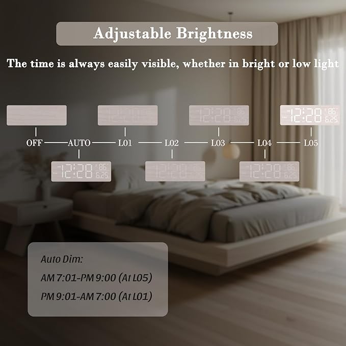 DreamSky Wooden Digital Alarm Clocks for Bedrooms – Large Display Desk Clock with Date & Day of Week for Living Room, Temperature, Dimmer, Adjustable Volume, Auto DST, Office Wood Décor (Plug-in)