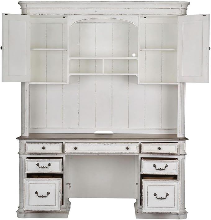 Liberty Furniture Magnolia Manor Credenza Desk & Hutch for Home Office - Antique White & Weathered Bark