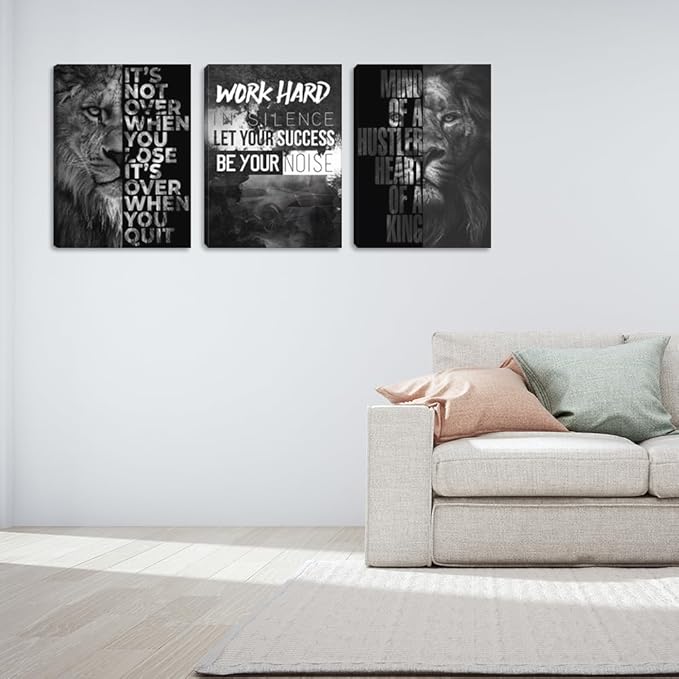 Motivational Canvas Wall Art 3 Pieces Lion Poster Inspirational Positive Wall Art Quotes Success Canvas Picture Print Artwork Framed for Home Office Room Gym Workplace Wall Decor (48''Wx 24''H)