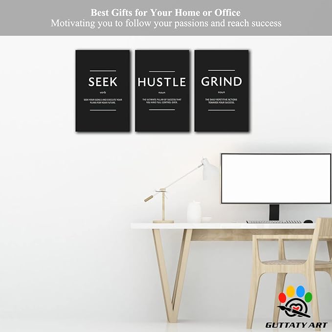 Office Wall Art - 3 Panel Motivational Wall Art, Inspirational Quotes Canvas Art for Home Office Wall Decor, Positive Quotes Wall Decor, Entrepreneur Grind Hustle Execution Poster Frame (12”x24”x3Pcs)