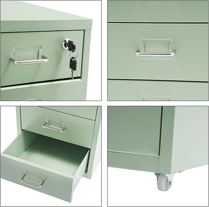Vertical File Cabinets | 6 Drawer File Cabinet with Lock | Steel Lockable Storage Cabinets | Metal S-torage Cabinet for Home Office | storage A4/F4/Letter/Legal | With 4 Wheels | 2X Keys (Green)