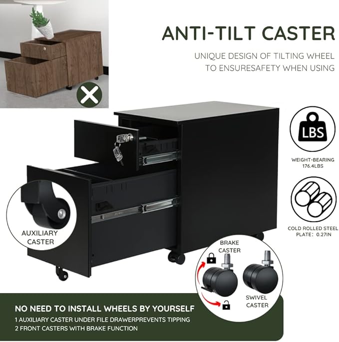 2 Drawer Mobile File Cabinet for Storage Under Desk in Home Office, Mobile File Cabinet, Metal File Cabinet with Lock, Legal/Letter /A4/F4 Size, Fully Assembled, Including Wheels, Black