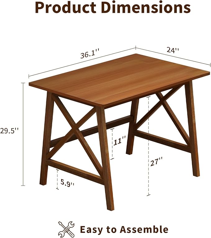 Modern Solid Wood Desk - 36" Simple Computer Table for Home Office Study Writing Workstation in Walnut, 36" W x 24" D