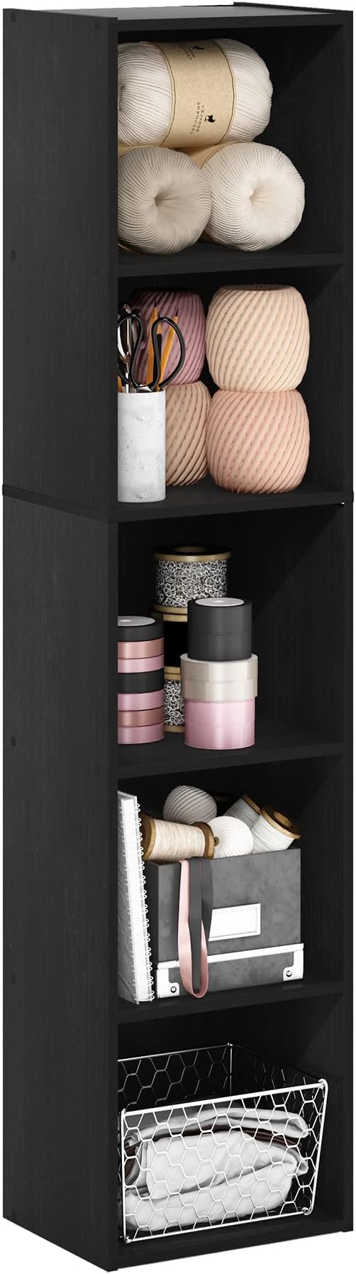 Furinno PASIR Book Shelf, 5-Tier Modern Bookshelf, Open Shelves Bookcase, 9 x 12 x 52, for Living Room, Bedroom, Home Office, Darkwood